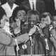 South African Bishop Desmond M. Tutu receives the Martin Luther King Jr. Peace Prize from Coretta Scott King.